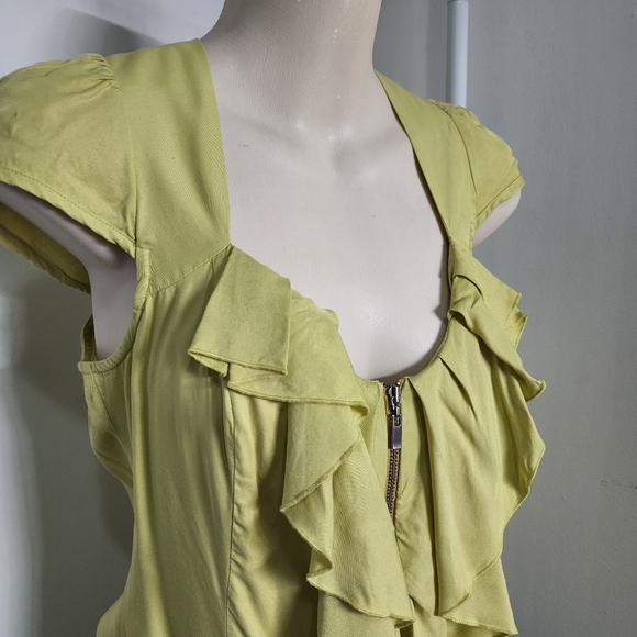 Aus 8 Cue Yellow Layered Frill Zip Front Short Sleeved Blouse - Picture 9 of 16
